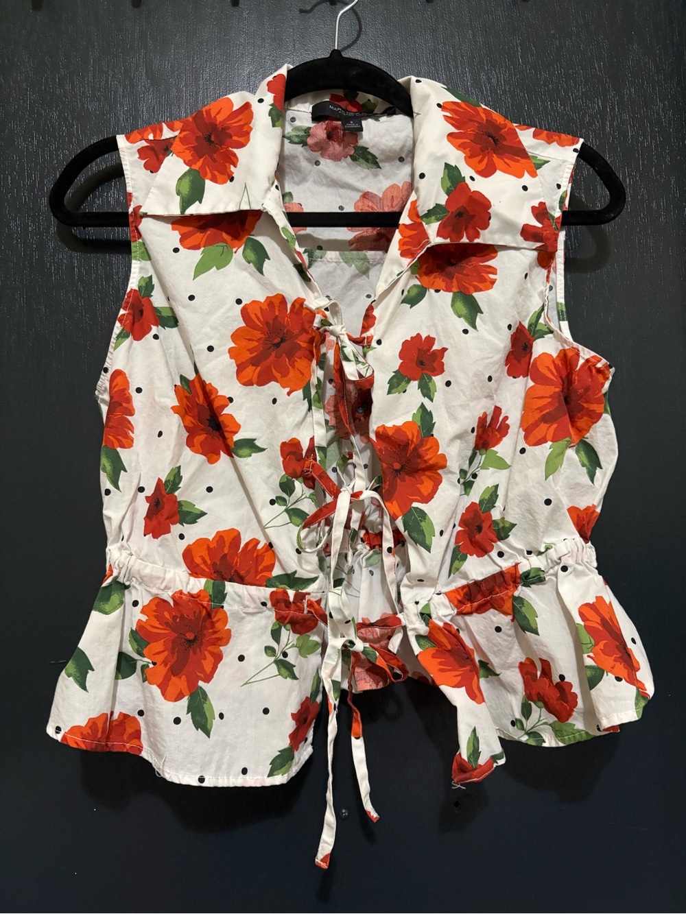 Sleeveless White Floral Tie-Front Peplum Top